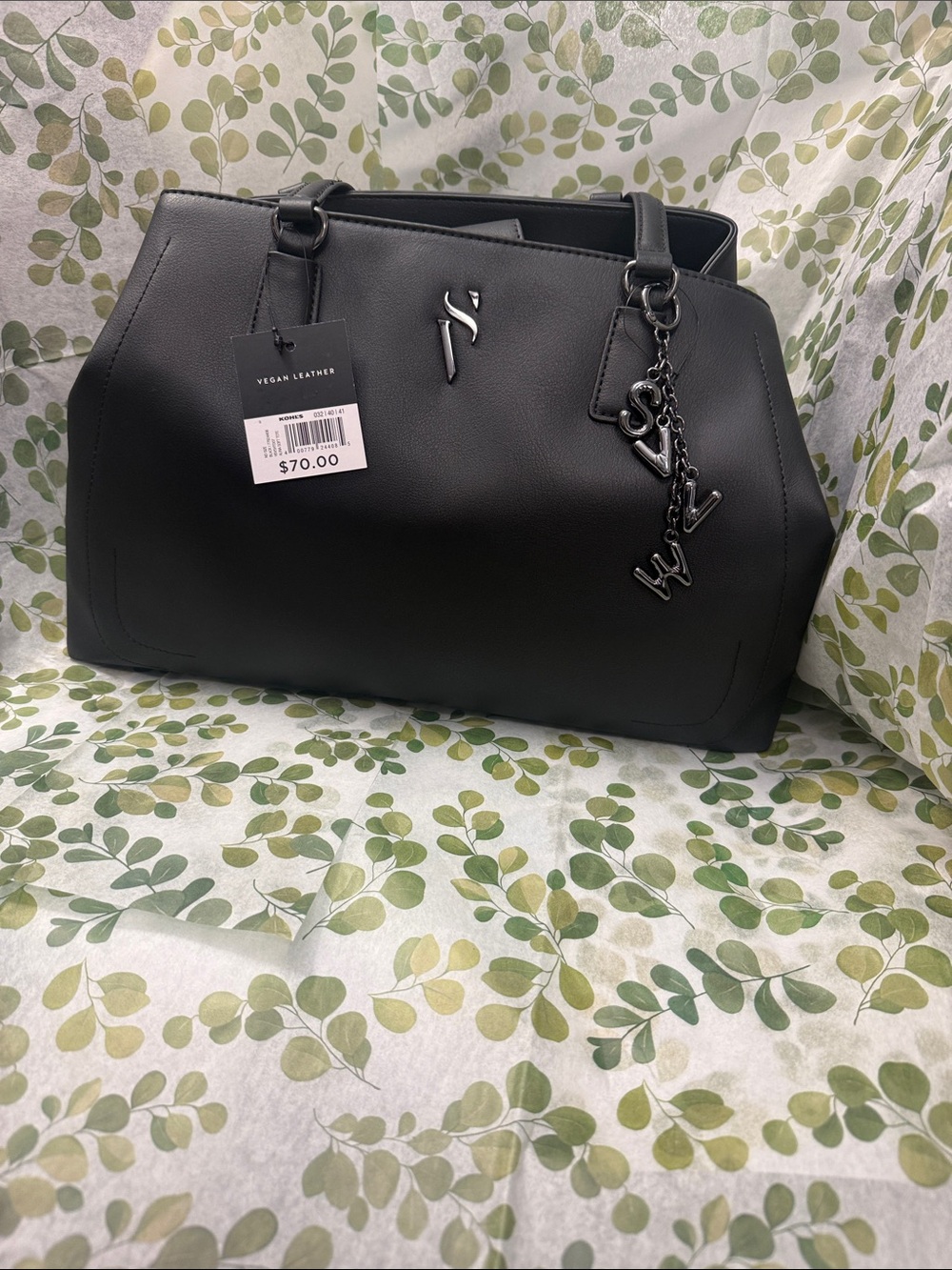 Vera Wang Black Vegan Leather Purse with Logo Charm